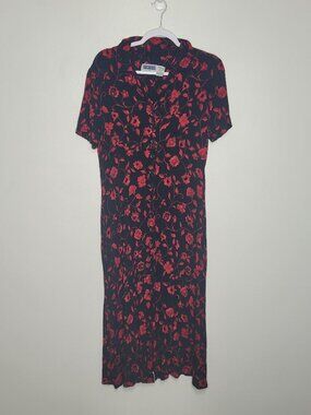 Prophecy red black flower print button front tie back grunge modest dress 14